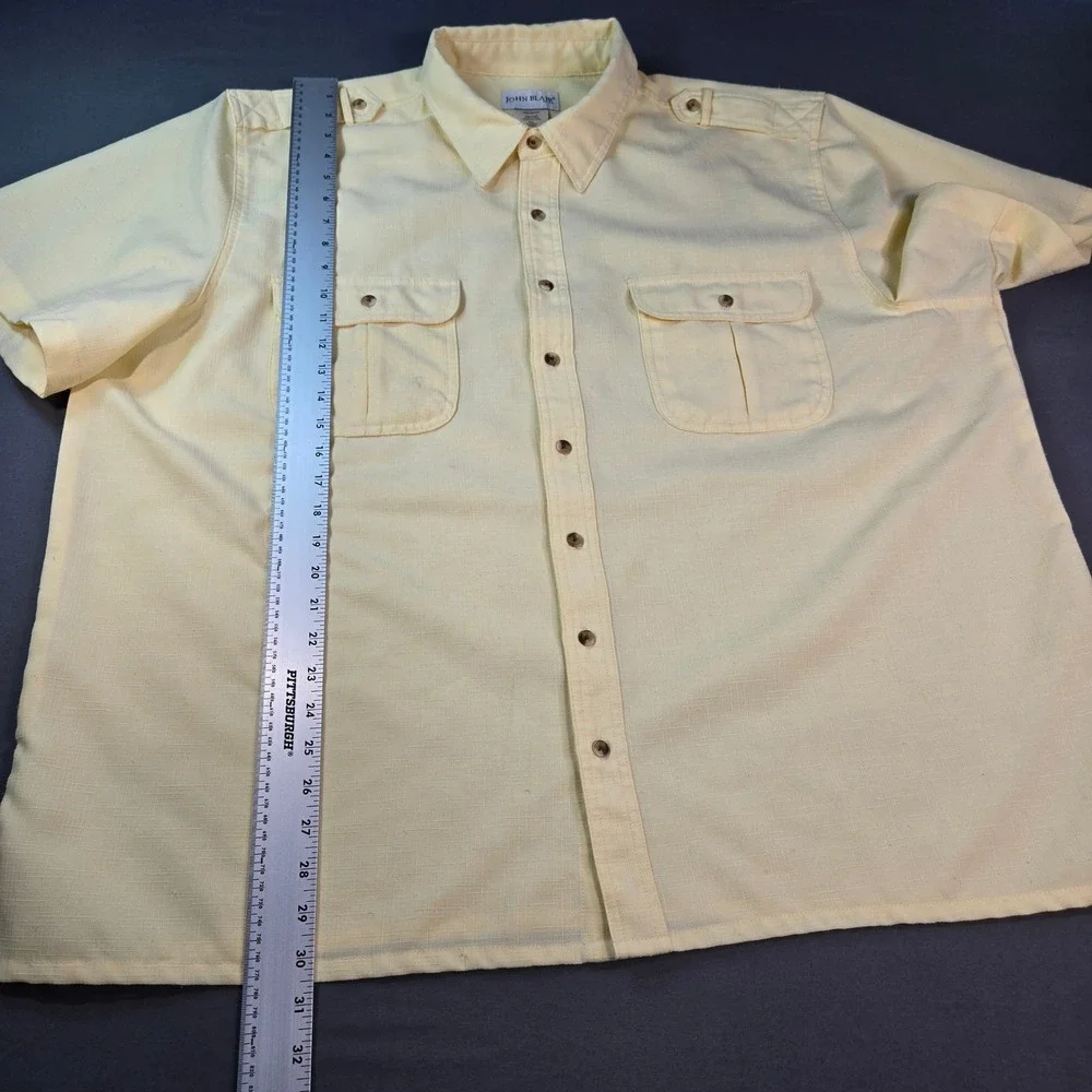 John Blair Mens 3XL Yellow Short Sleeve Button Down Shirt Slub Texture Epaulets